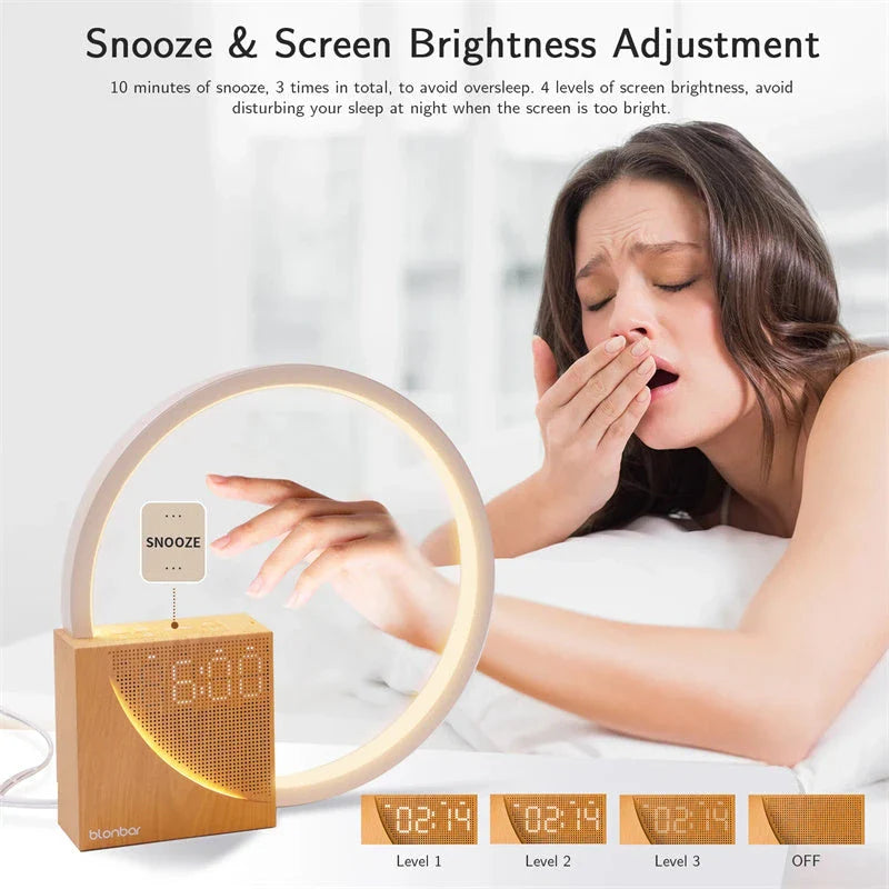 Multifunctional bedside lamp with dimmable LED lights, natural sounds, and alarm clock features