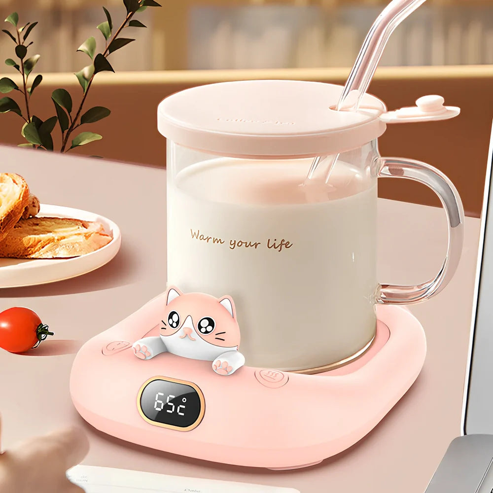 Pink ABS plastic cup warming holder with electroplated metal heating surface measuring 136x116x55mm