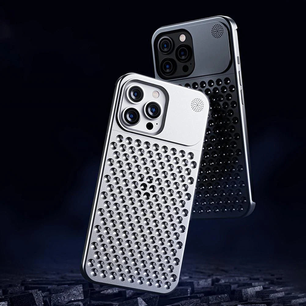 Aluminum alloy iPhone case with hollow design for heat dissipation and built-in aromatherapy tablet