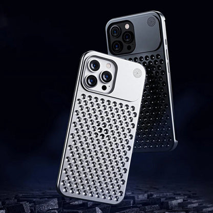 Aluminum alloy iPhone case with hollow design for heat dissipation and built-in aromatherapy tablet