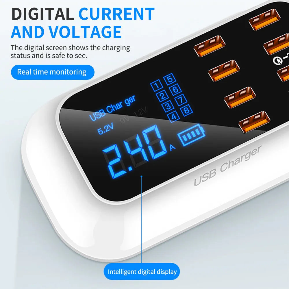 Ceramic white multi-USB fast charger with digital display showing charging voltage and current