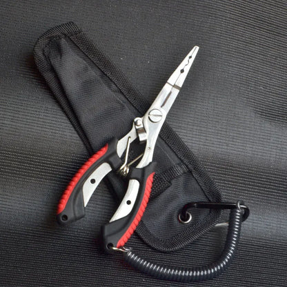 PE39 multifunctional fishing pliers with medium straight mouth and hook, showing colour handle options