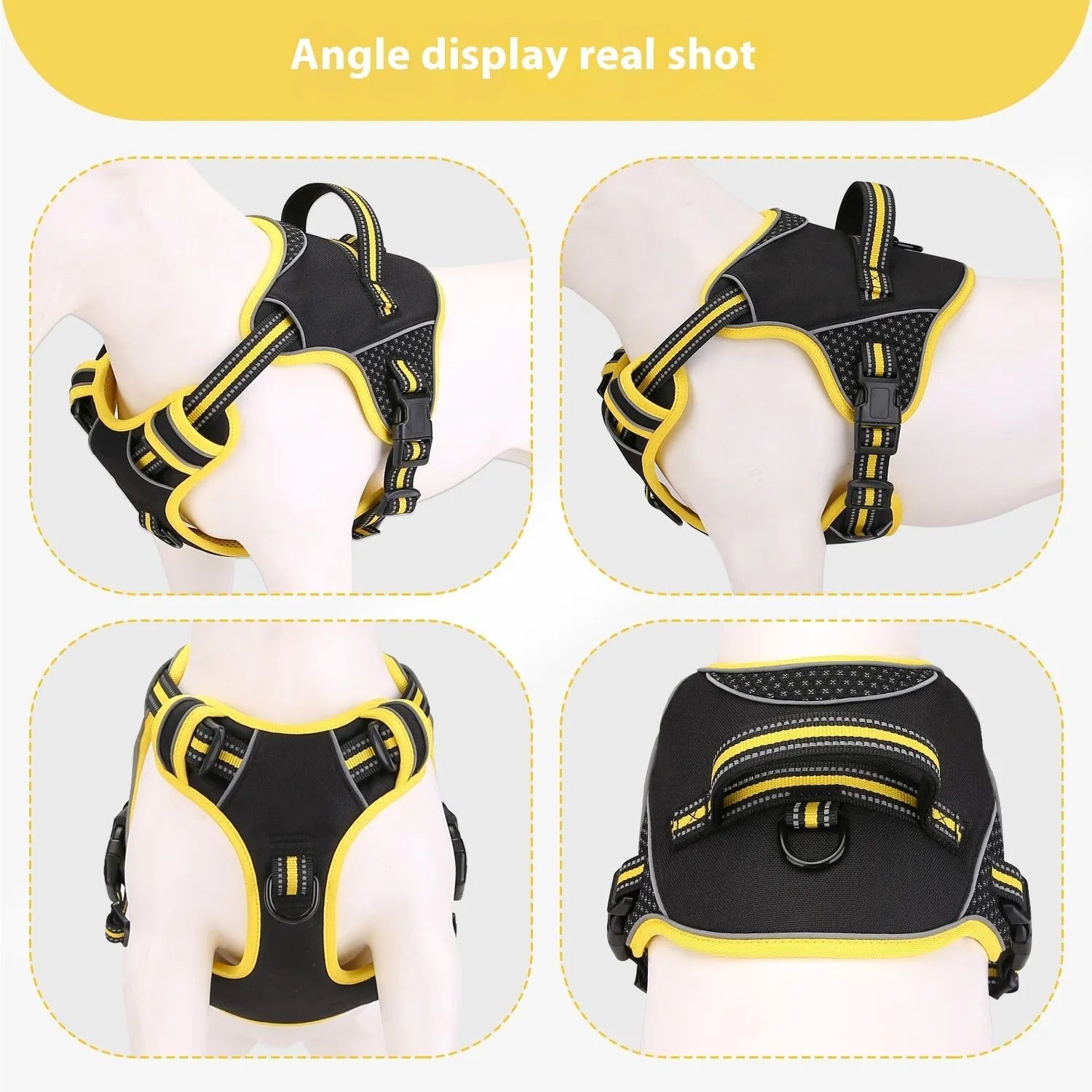 Orange polyester dog harness with integrated traction strap shown on a model, sized for medium dogs.