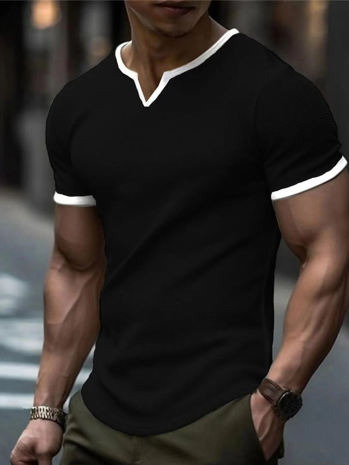 Men's colour-block V-neck waffle texture t-shirt in polyester for sports