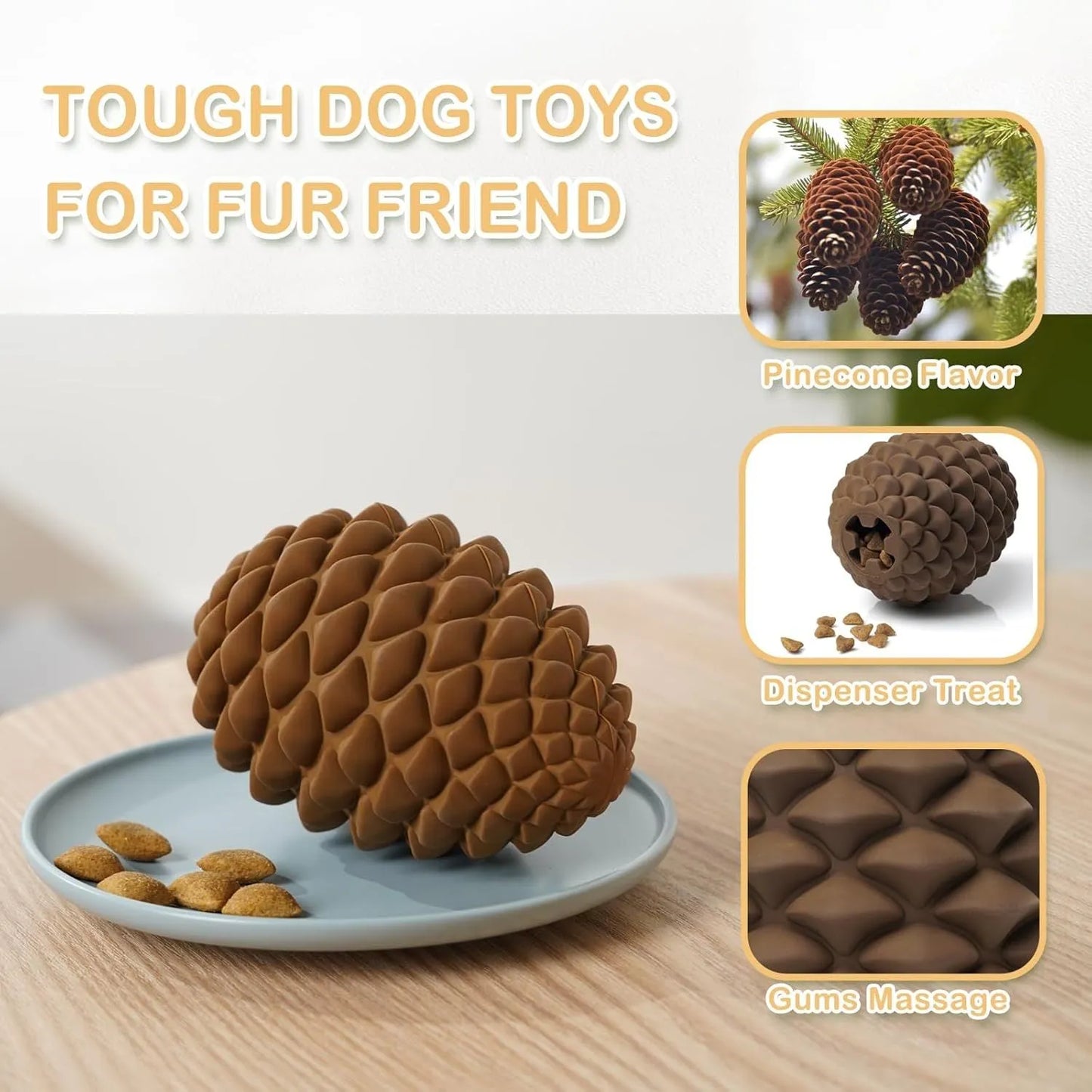 Pine cone-shaped yellow dog toy with treat dispenser, natural rubber construction, for medium to large breeds