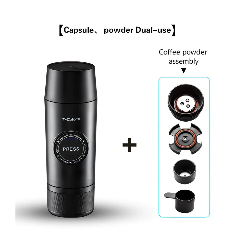 Mini portable espresso maker with rechargeable battery showing 18-bar pressure system and 80ml water tank
