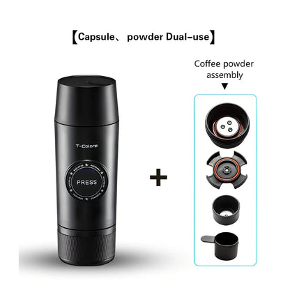 Mini portable espresso maker with rechargeable battery showing 18-bar pressure system and 80ml water tank