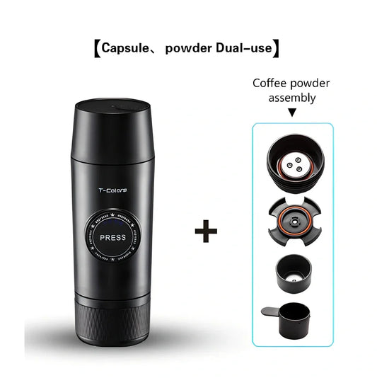 Mini portable espresso maker with rechargeable battery showing 18-bar pressure system and 80ml water tank