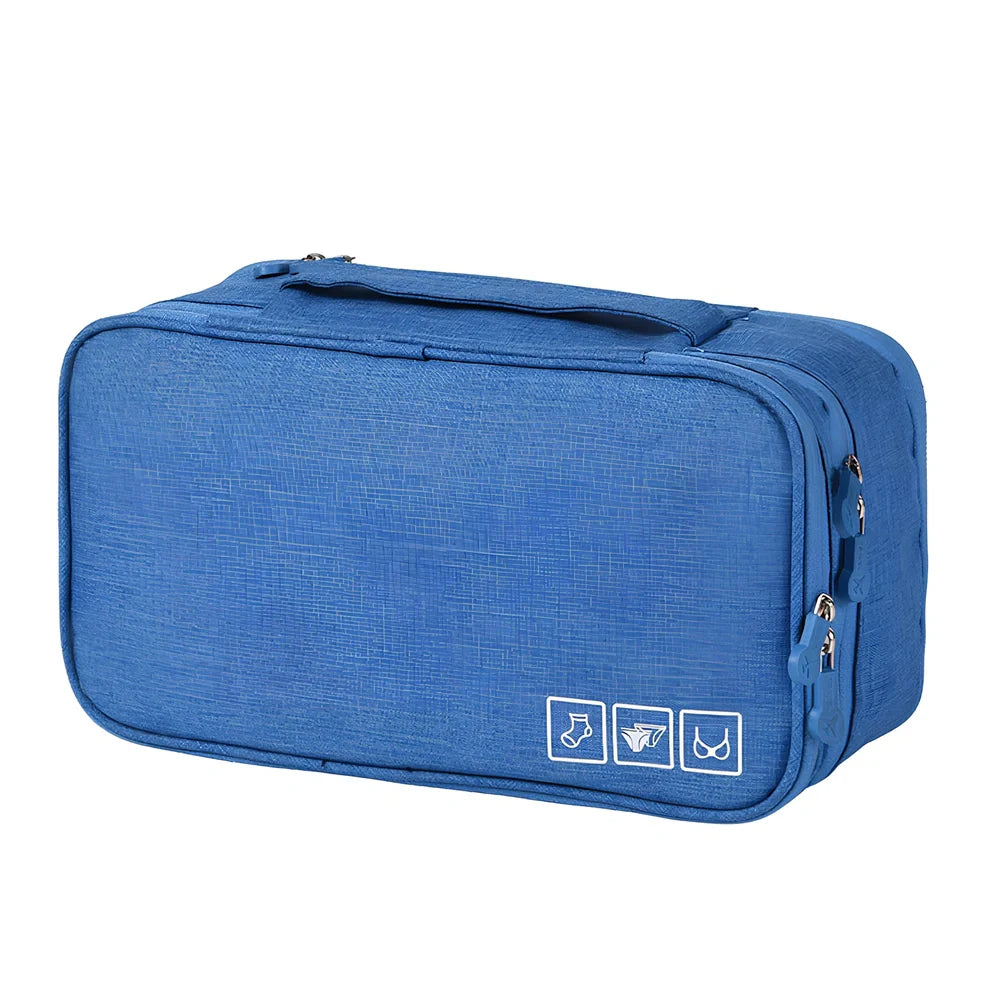 Purple cube-shaped bra storage bag with 3 internal shelves for organising underwear during travel