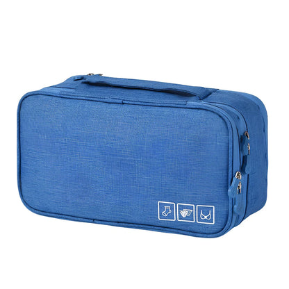 Purple cube-shaped bra storage bag with 3 internal shelves for organising underwear during travel