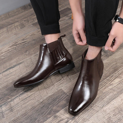 Sleek Chelsea-style boots for men with pointed toe and square heel, available in black and brown colors