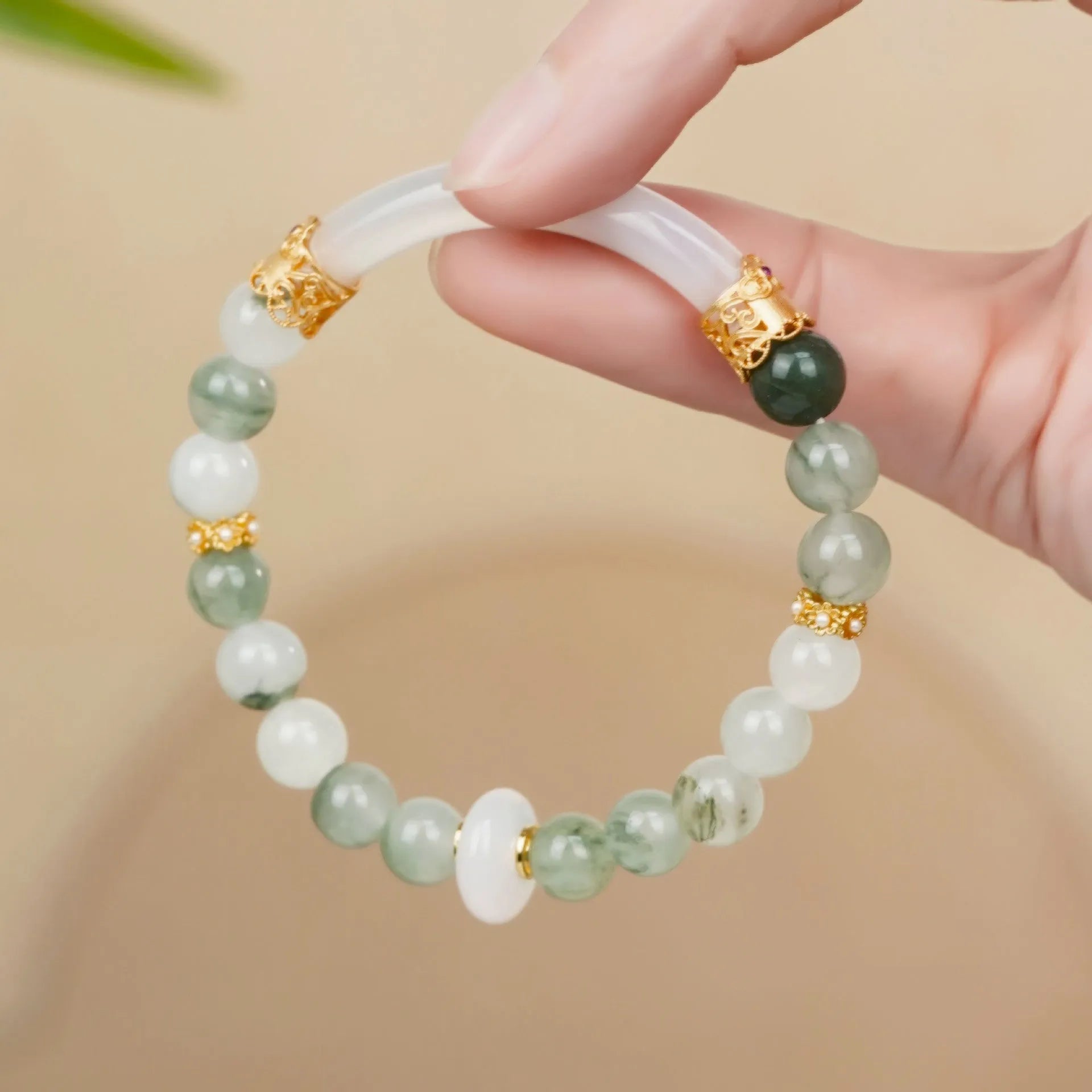 Emerald green Tian Shan Cui stone half bracelet with round beads in national style design for women