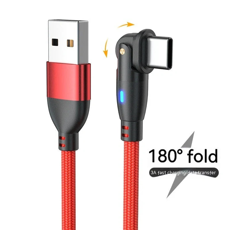 180-degree bendable fast charge USB cable in black, red, and purple