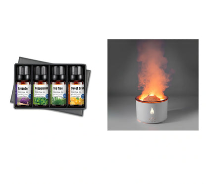 Black columnar ultrasonic humidifier producing jellyfish smoke rings with flame lighting effect