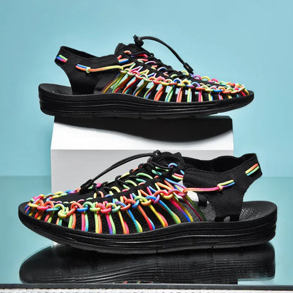 Fashion woven sandals with elastic drawstring tie closure and rubber sole in rainbow colour