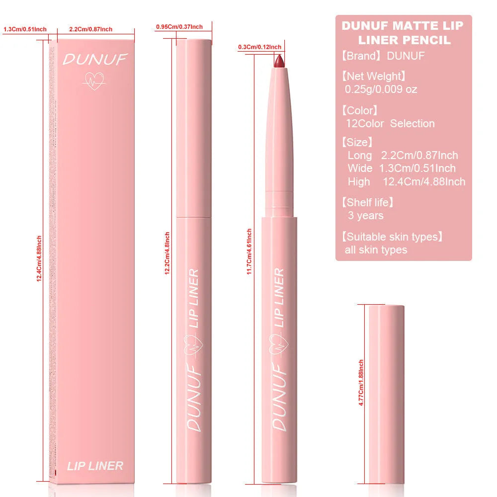 Velvet matte lip liner pencil in one of 12 colours with soft blunt tip for lip definition