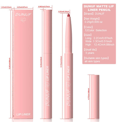 Velvet matte lip liner pencil in one of 12 colours with soft blunt tip for lip definition