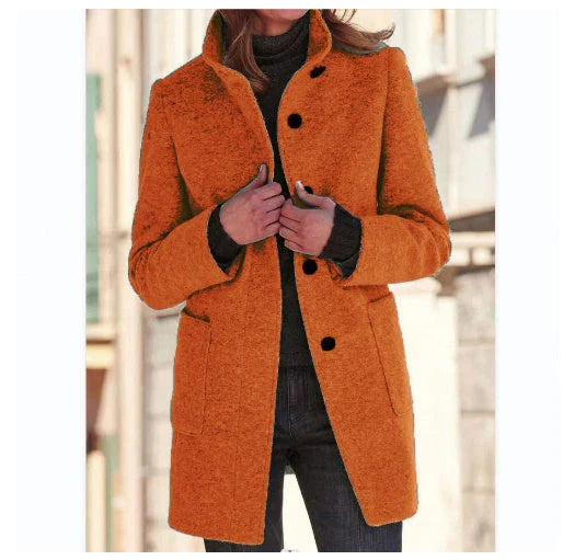 Fashionable woolen coat with stand collar, pockets, and button closure for women's fall and winter outerwear