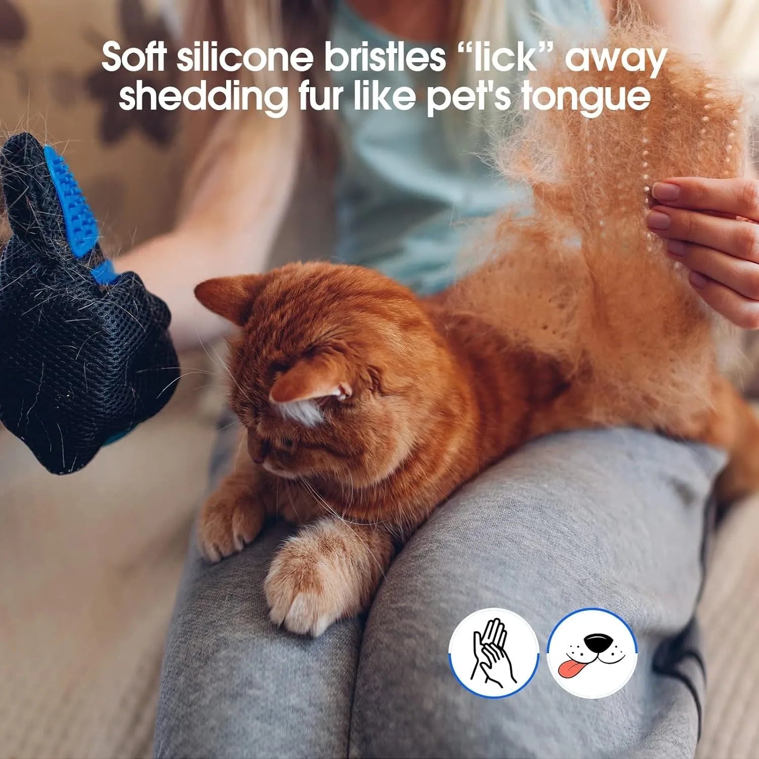 Blue pet grooming gloves with silicone tips and adjustable wrist strap for hair removal