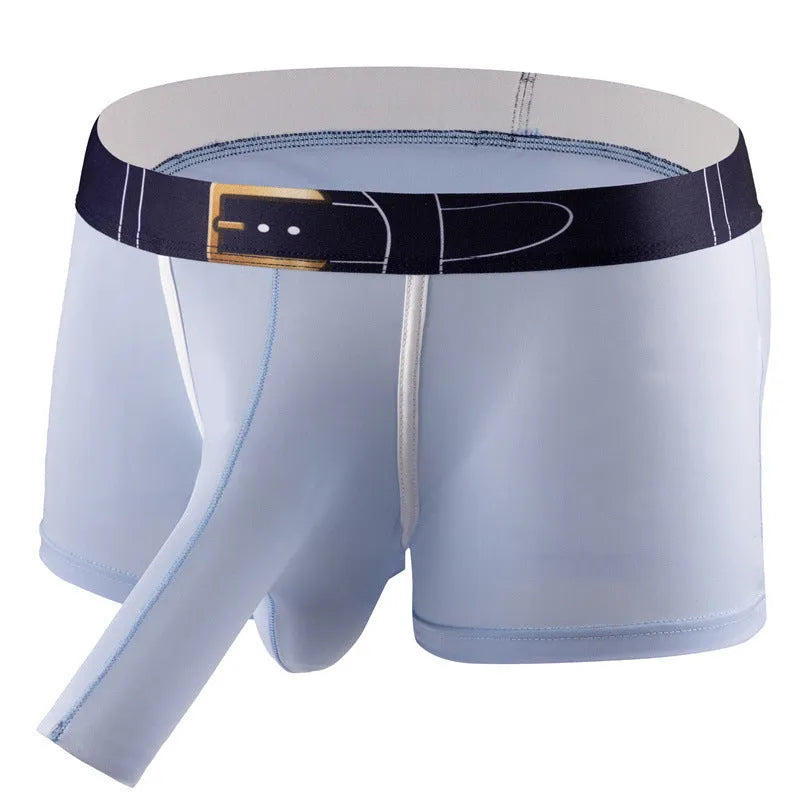 A pair of men's solid colour ice silk boxers on a mid waist model.