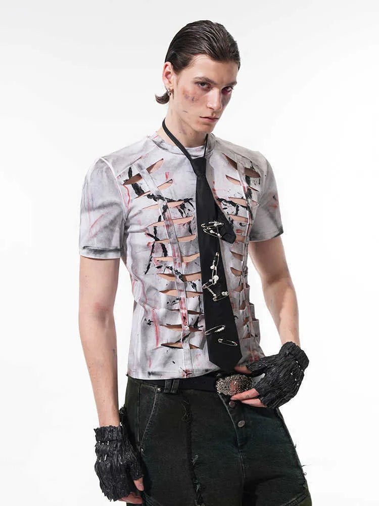 Men's white cotton T-shirt with hollow-out design on front, short sleeves, round neck collar