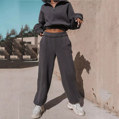 Women's long sleeve turtleneck sweatshirt with stand-up zipper and loose straight leg pants set