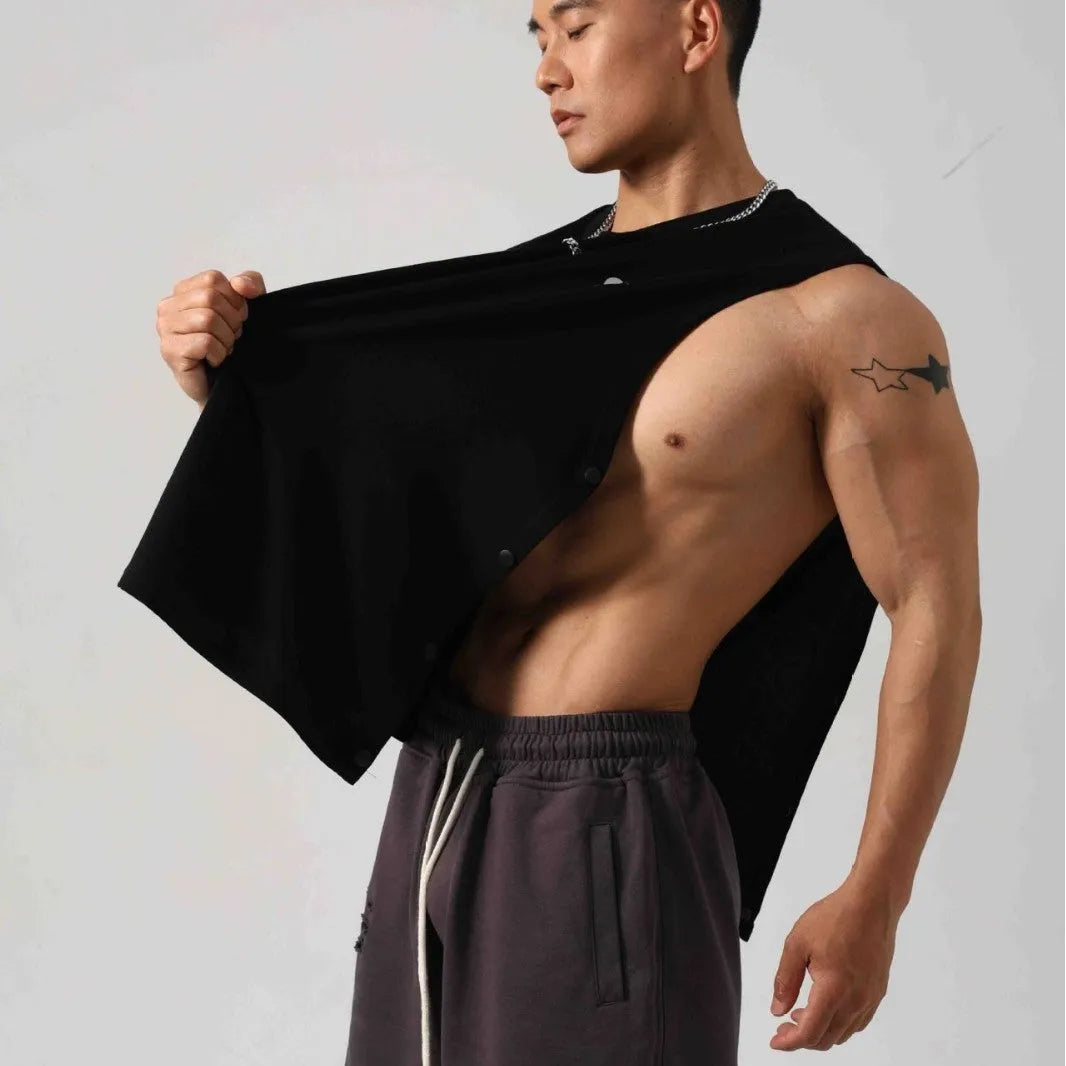 Men's loose black cotton fitness vest with hidden side hooks in Korean style.