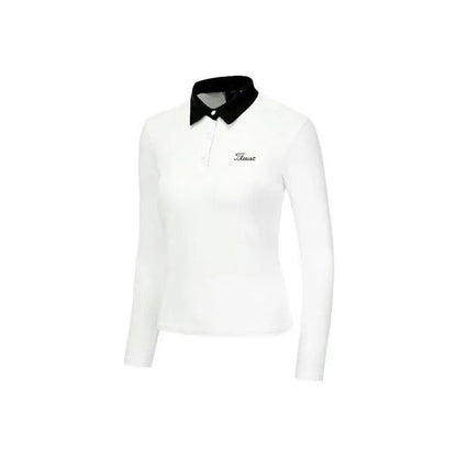 Women's white long-sleeve golf top with slim-fit design for sun protection during outdoor activities