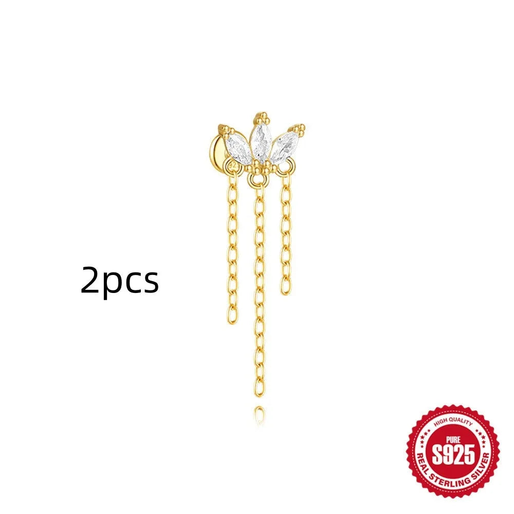 S925 sterling silver geometric kite earrings with rhinestone chain tassel in gold plating