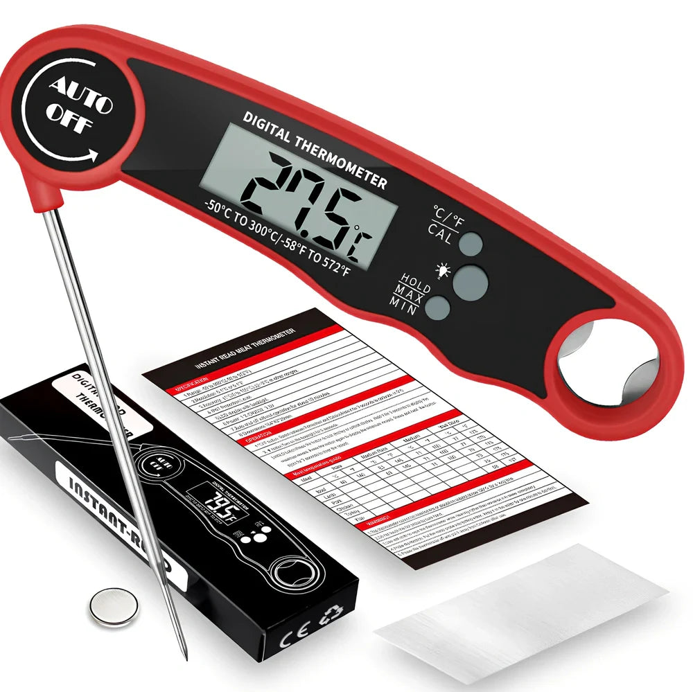 Red and black folding electronic kitchen thermometer with extended probe and digital display