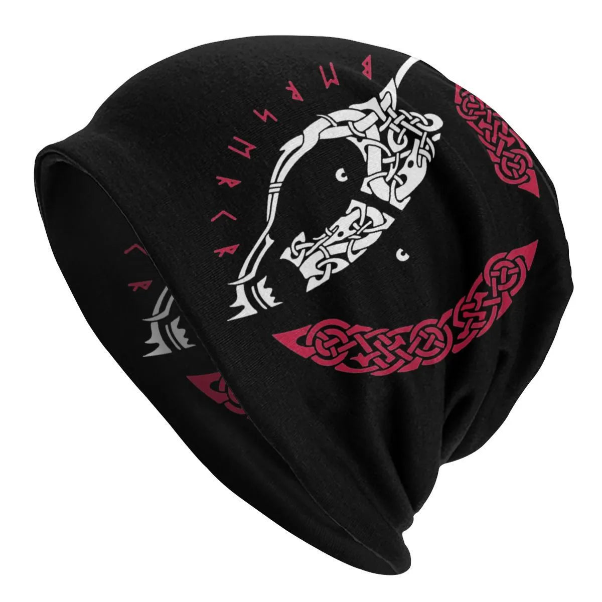 A black cotton hat with a white Viking wolf graphic and an elasticated sleeve cap construction.