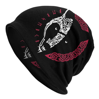 A black cotton hat with a white Viking wolf graphic and an elasticated sleeve cap construction.