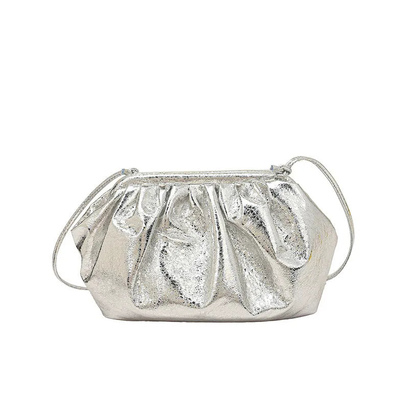 Simple hair clip closure crossbody bag in shell shape with sewing line detail on rose red PU material