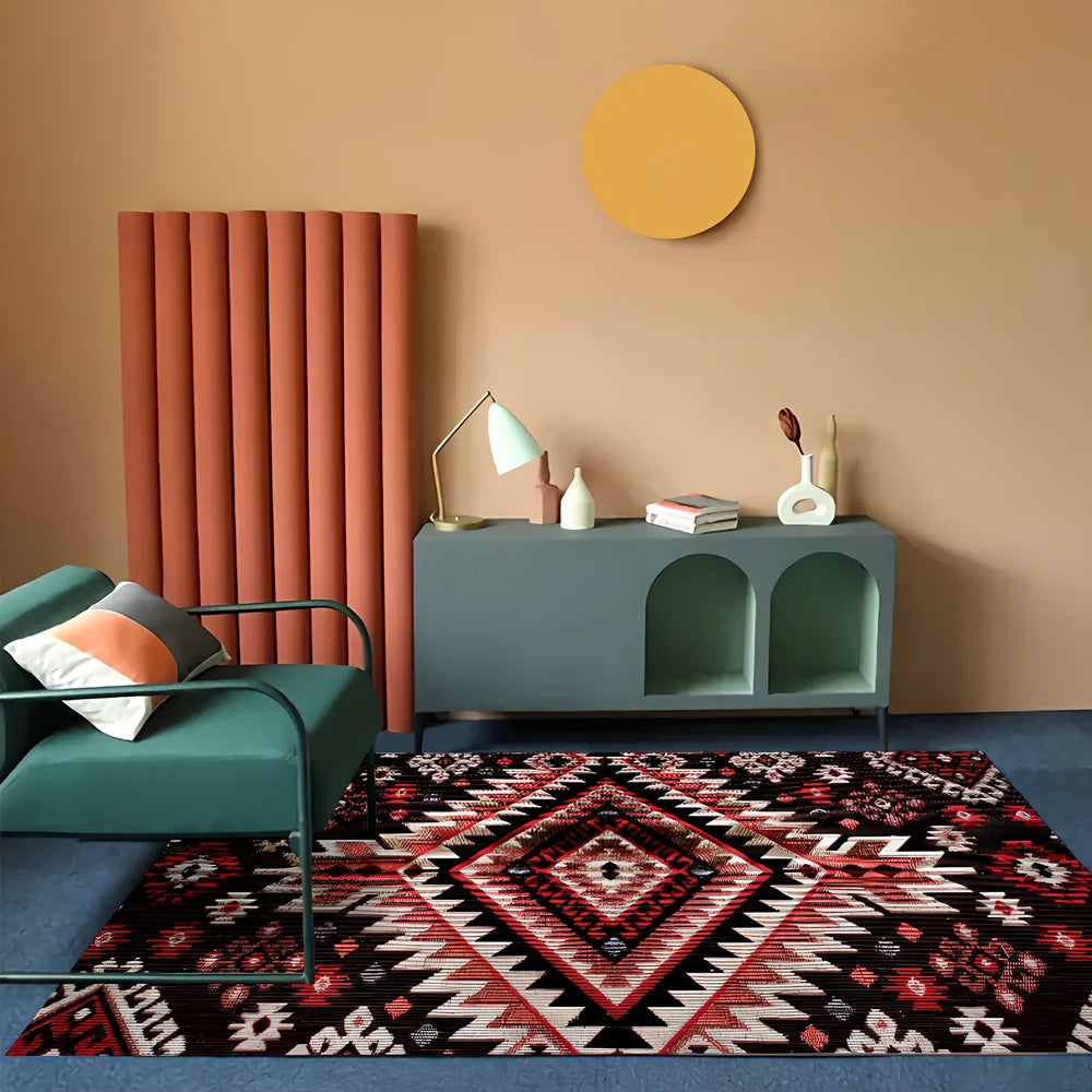 Rectangular boho-style polyester rug in various colours and sizes, machine-woven for consistent texture