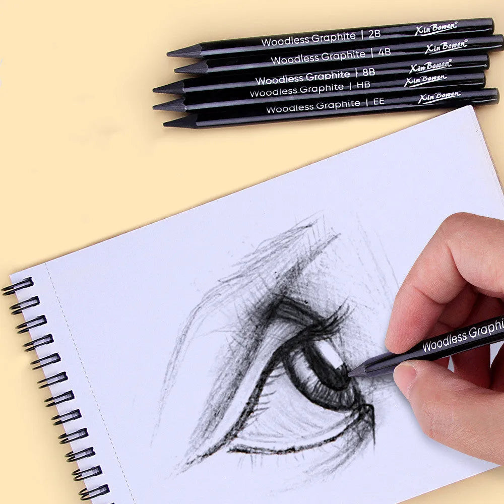 Wood-free graphite sketching pencils in six hardness grades: HB, 2B, 4B, 6B, 8B, EE with solid graphite cores