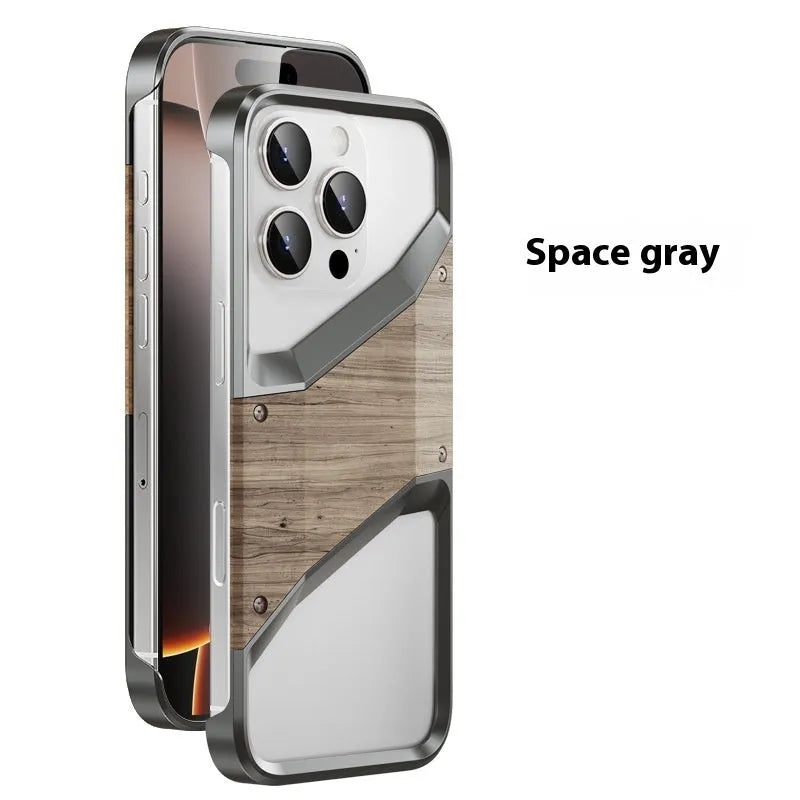 Wood and aluminium alloy iPhone case in dark grey and desert gold, half-pack hollow design for heat dissipation