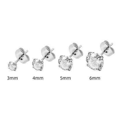 Square geometric stainless steel stud earrings with a round zircon stone, available in steel or gold colour.
