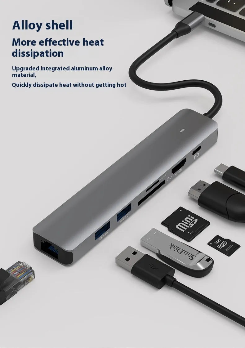 LQT-LH07 7-in-1 card reader PD computer hub with aluminium housing showing seven ports