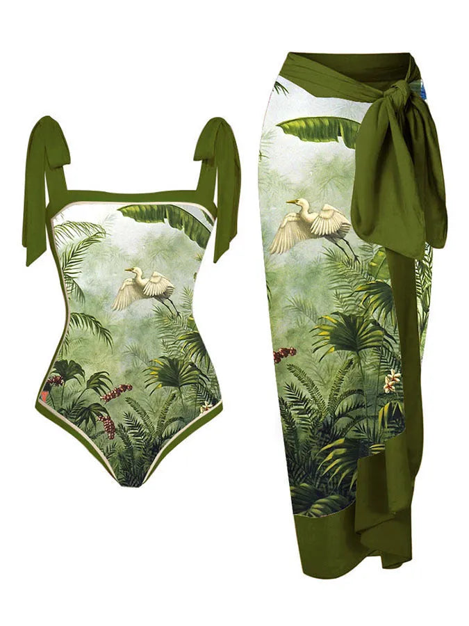 Women's floral printed two-piece swimsuit with chiffon hip skirt in multiple colour options