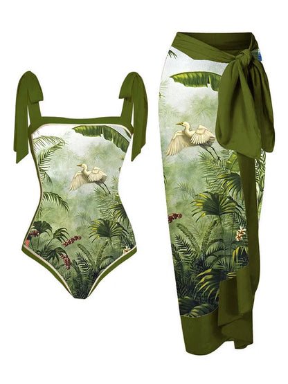 Women's floral printed two-piece swimsuit with chiffon hip skirt in multiple colour options
