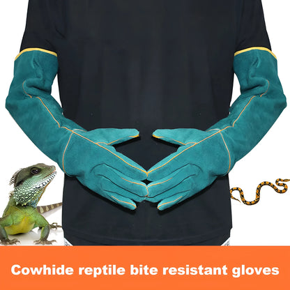 Dark green cowhide leather animal handling gloves with extended sleeve cuffs