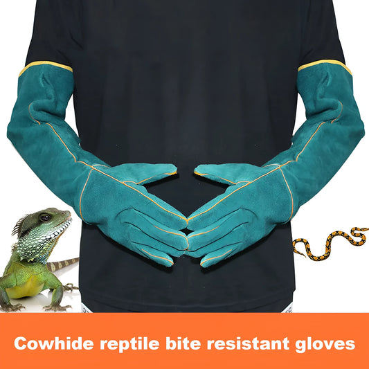 Dark green cowhide leather animal handling gloves with extended sleeve cuffs