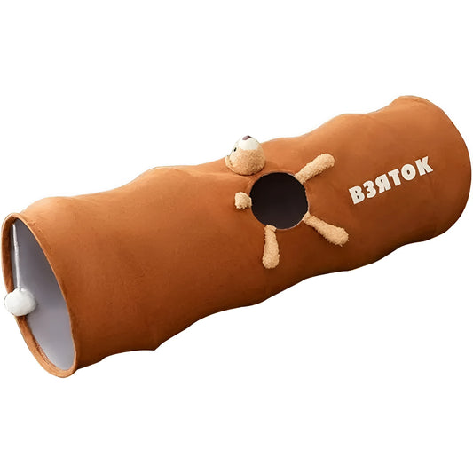 Collapsible brown or grey cat tunnel with a plush ball on top, shown in both extended and folded flat positions.