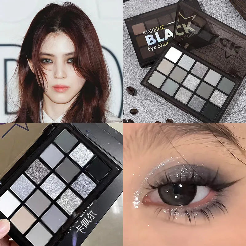 Open 15-colour eyeshadow palette showing shimmer and matte pans in browns, blues, and earth tones