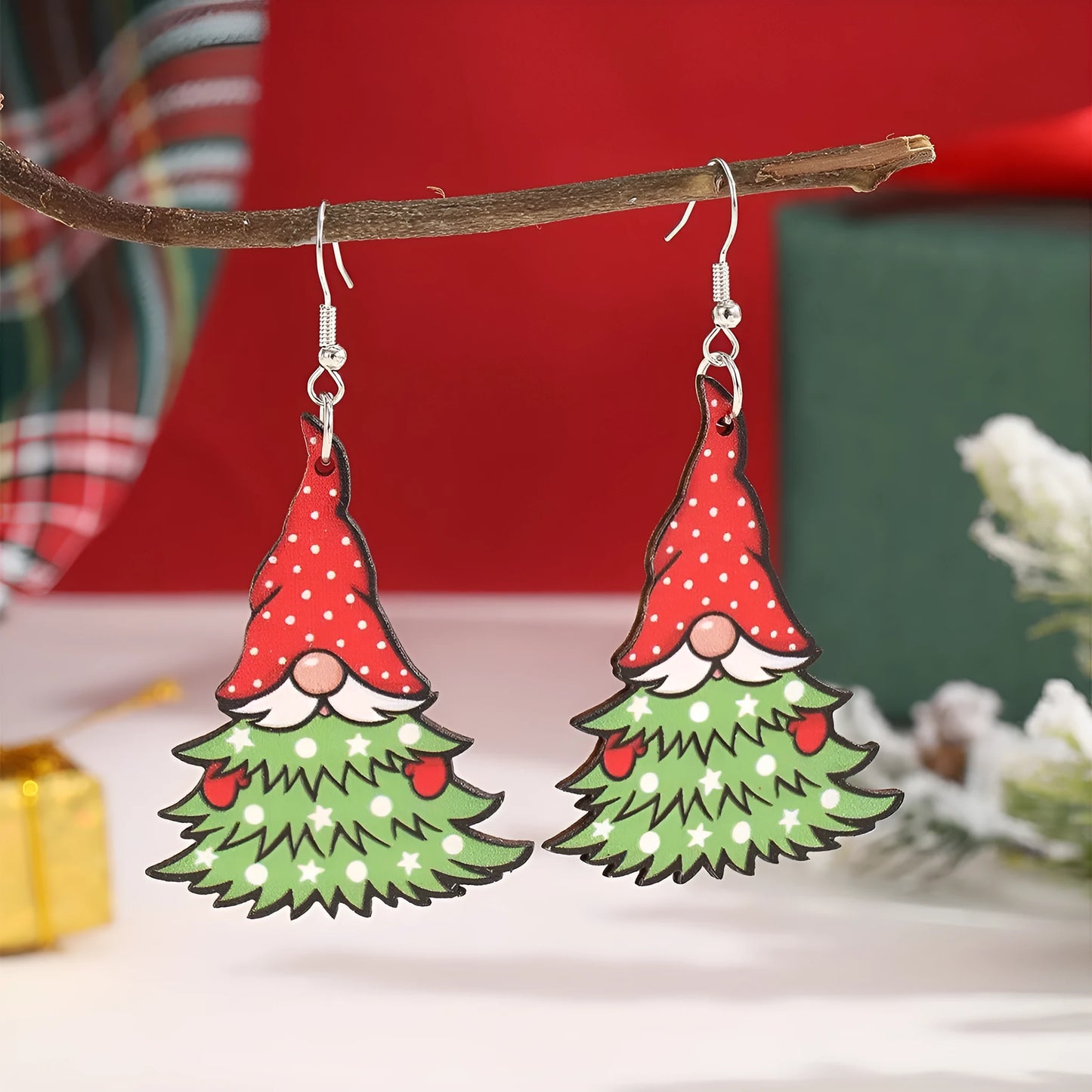 Wooden Christmas earrings with Christmas tree and water drop snowman designs, 3.5cm height