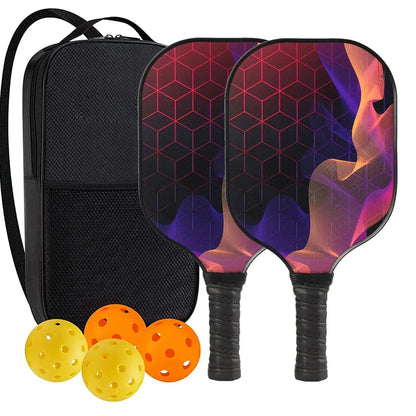 Peak Racket fibreglass squash set showing two rackets and four balls for complete playing equipment