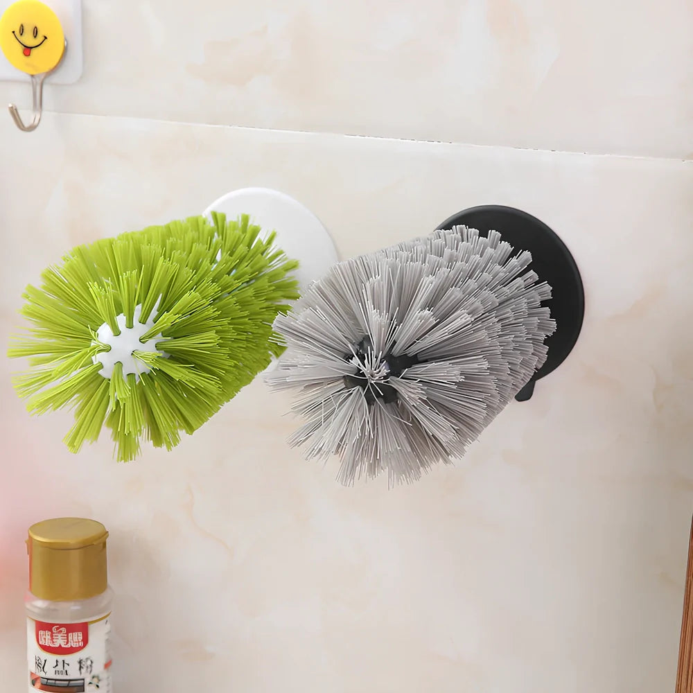 Grey suction cup kitchen brush, 16.5cm long with PV bristles for cup scrubbing, 0.132kg PP+PV+TPR build