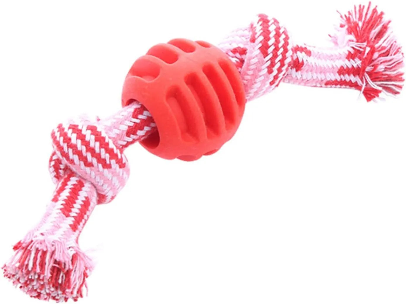 Navy blue dog chew toy with molar-shaped rubber sections and white cotton rope, 25cm long