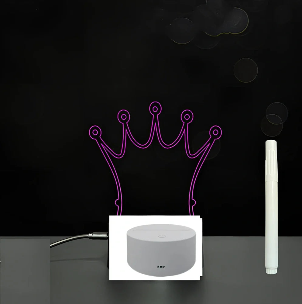 3D acrylic LED message board with touch controls showing illuminated writing on 3.5mm thick surface