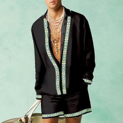 Men's slim fit summer shirt and shorts set in polyester with long sleeves, available in multiple colours